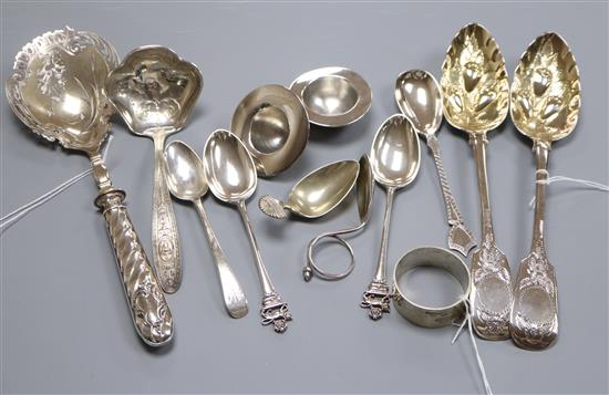 A pair of later-embossed Victorian silver berry spoons and sundry items,